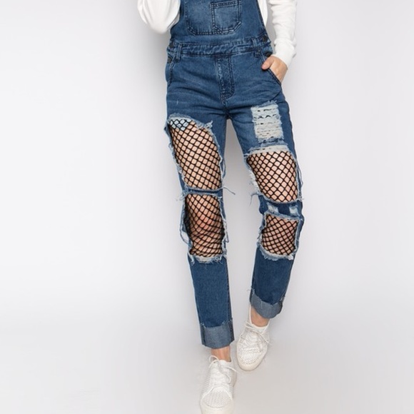Fishnet insert boyfriend distressed denim overalls - Picture 6 of 8